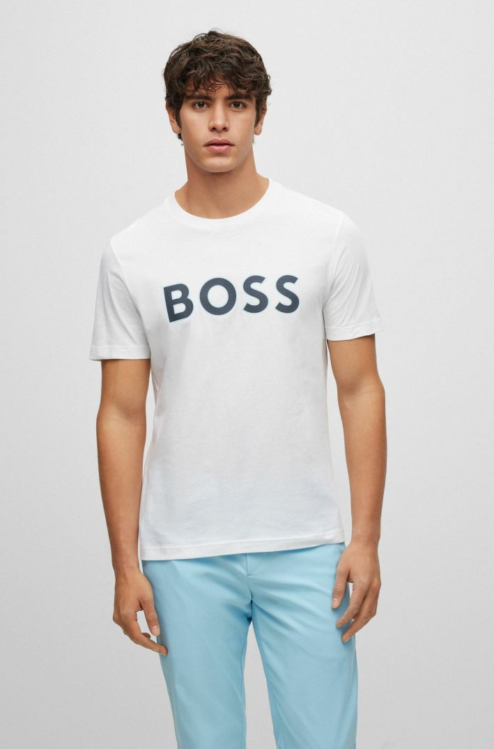 Heren BOSS T-Shirts | T-Shirt Met Ronde Hals Van Katoenen Jersey Met Logoprint Wit