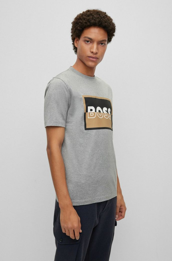 Heren HUGO T-Shirts | Slim-Fit T-Shirt Van Gemerceriseerde Katoen Met Logo In Twee Stijlen Grijs